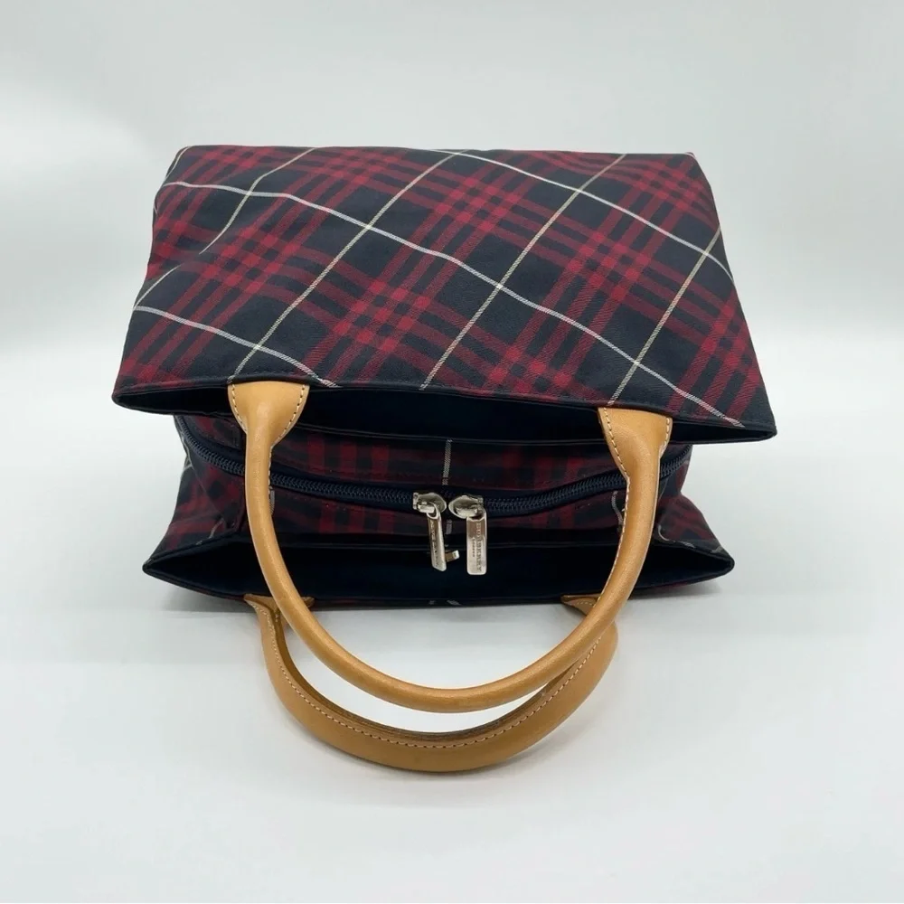 Auth Burberry Nova Check Blue Label Canvas Leather Black Red Handbag